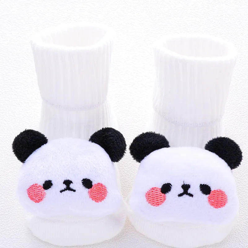 Cotton baby floor socks in multiple designs including panda, bow, and star patterns.