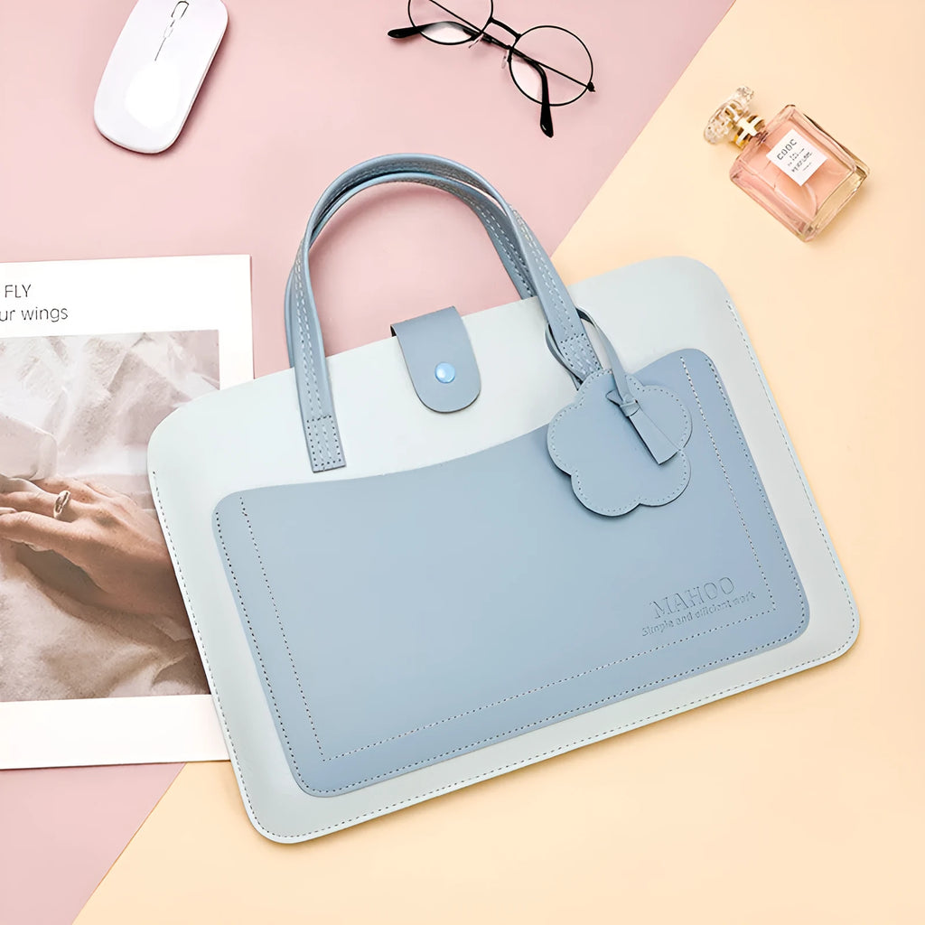 Portable 13 inch thin flower waterproof PVC computer bag with drawstring closure and soft handle in light blue