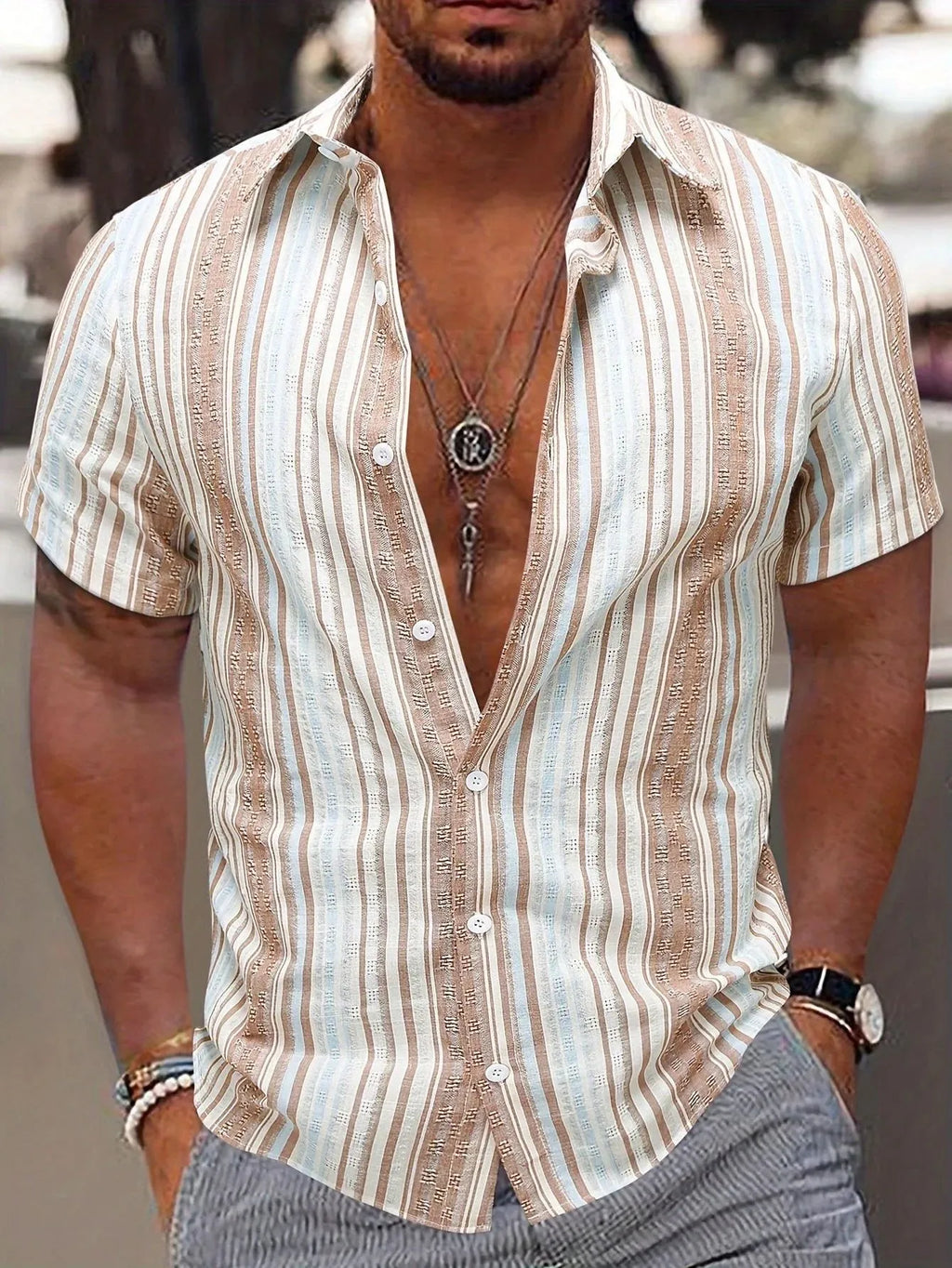Men's short sleeve shirt with 3D digital printed stripes in white, blue, yellow, apricot, polyester fabric, casual summer style