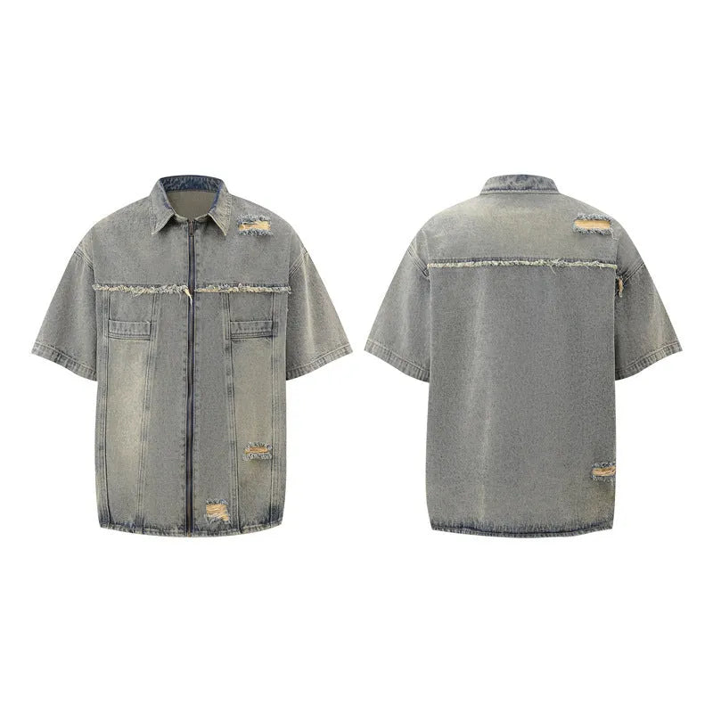 Denim overall suit matching set with short sleeve top and trousers in street style loose fit