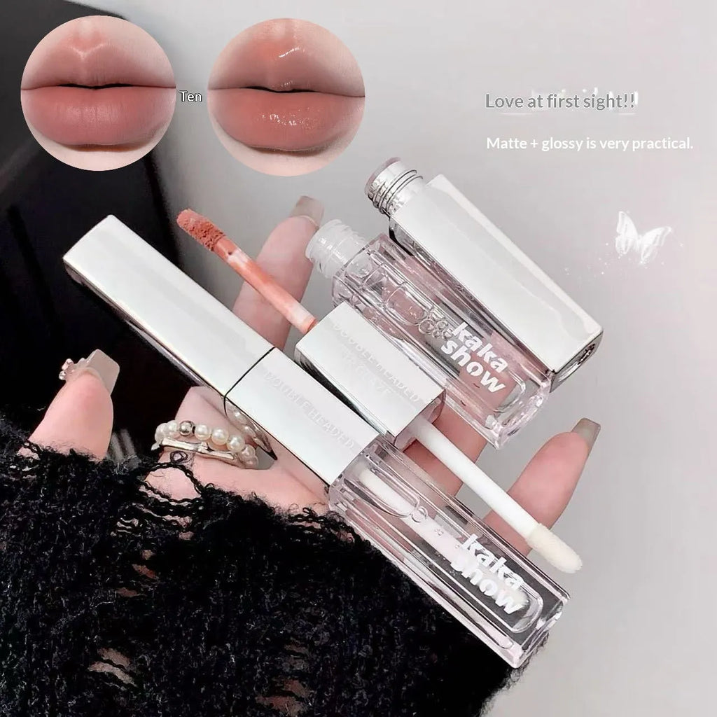 Double-ended matte velvet lip gloss set with five shades: Raspberry Sweet Peach, Candied Tomato, Cold Brew Oolong, Maple Honey Soft Candy, Peach Monroe