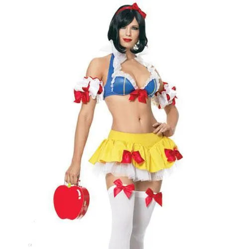 Snow White anime costume dress set with headdress, top, short skirt, and hand sleeves on a mannequin