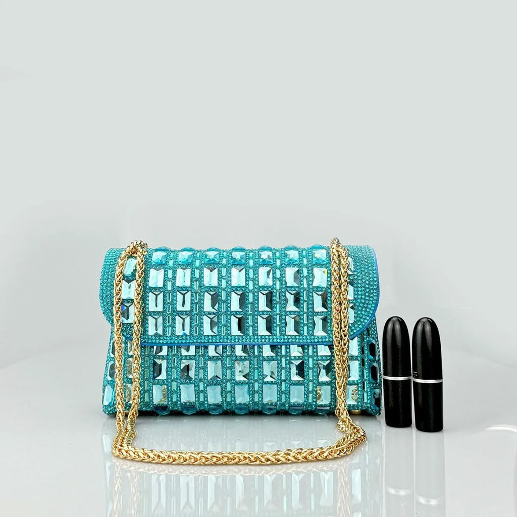 Shiny glass rhinestone chain clutch bag with dedicated phone compartment in retro style