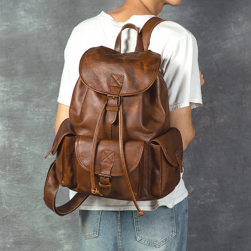 Genuine leather retro backpack for men, top grain leather, ergonomic back panel, 15 inch laptop capacity, light brown colour