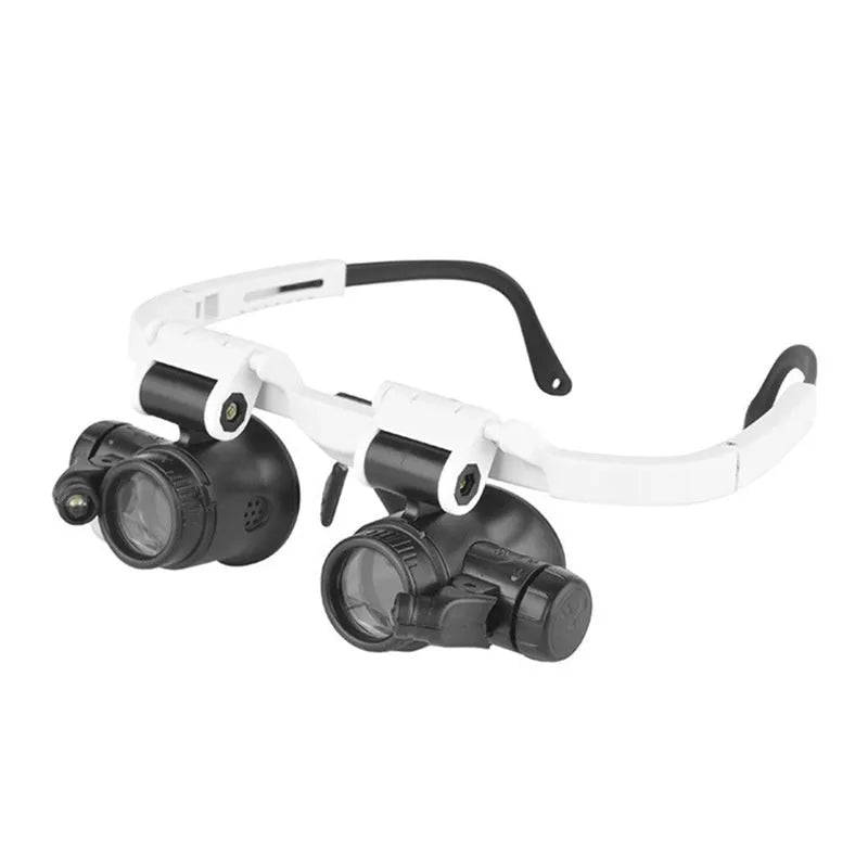 White head mounted magnifying glass with 30 lenses and light on a workbench with circuit board