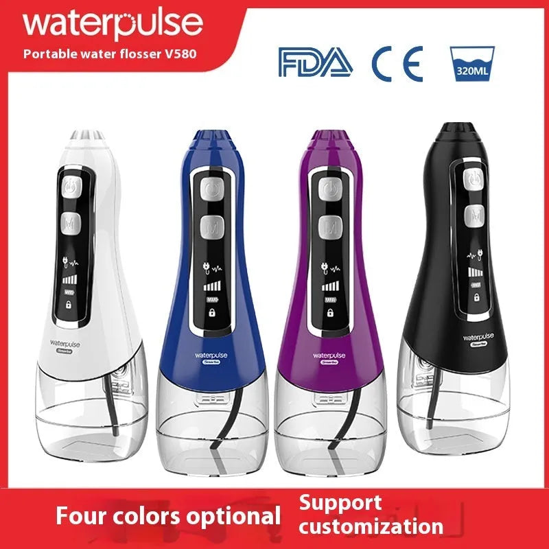 V580 portable electric water toothpick dental irrigator in white, black, blue, and purple colours