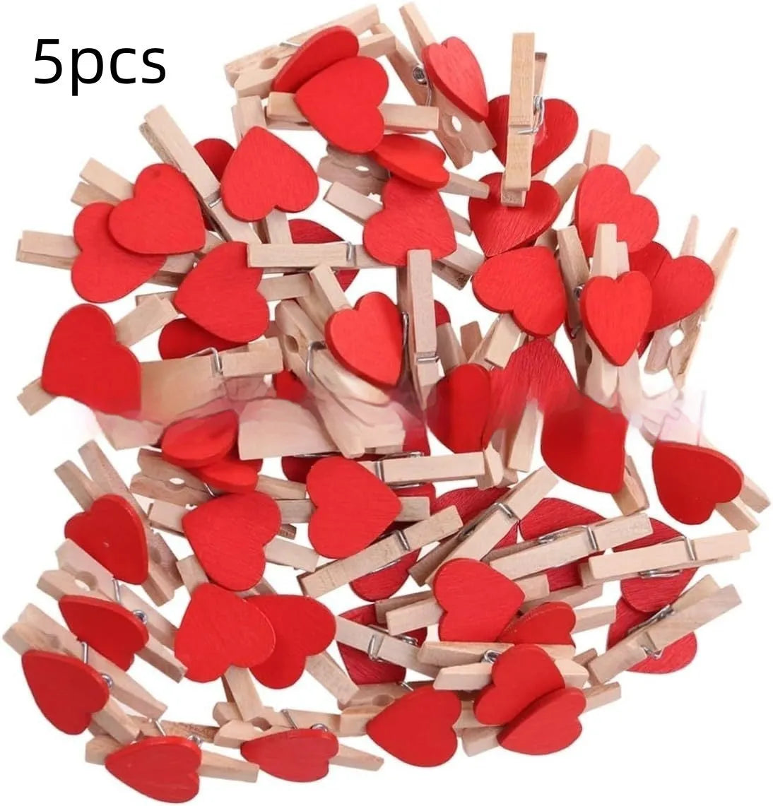 Set of five heart-shaped wooden hair clips in red, pink, white, and yellow colours.