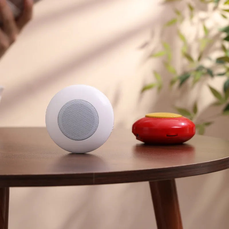 Mini Super Loud HD Music Machine Player portable speaker in red and white with button controls and metal finish