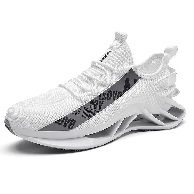 Men's casual exercise shoes with fly woven mesh upper in black, red, white, or blue
