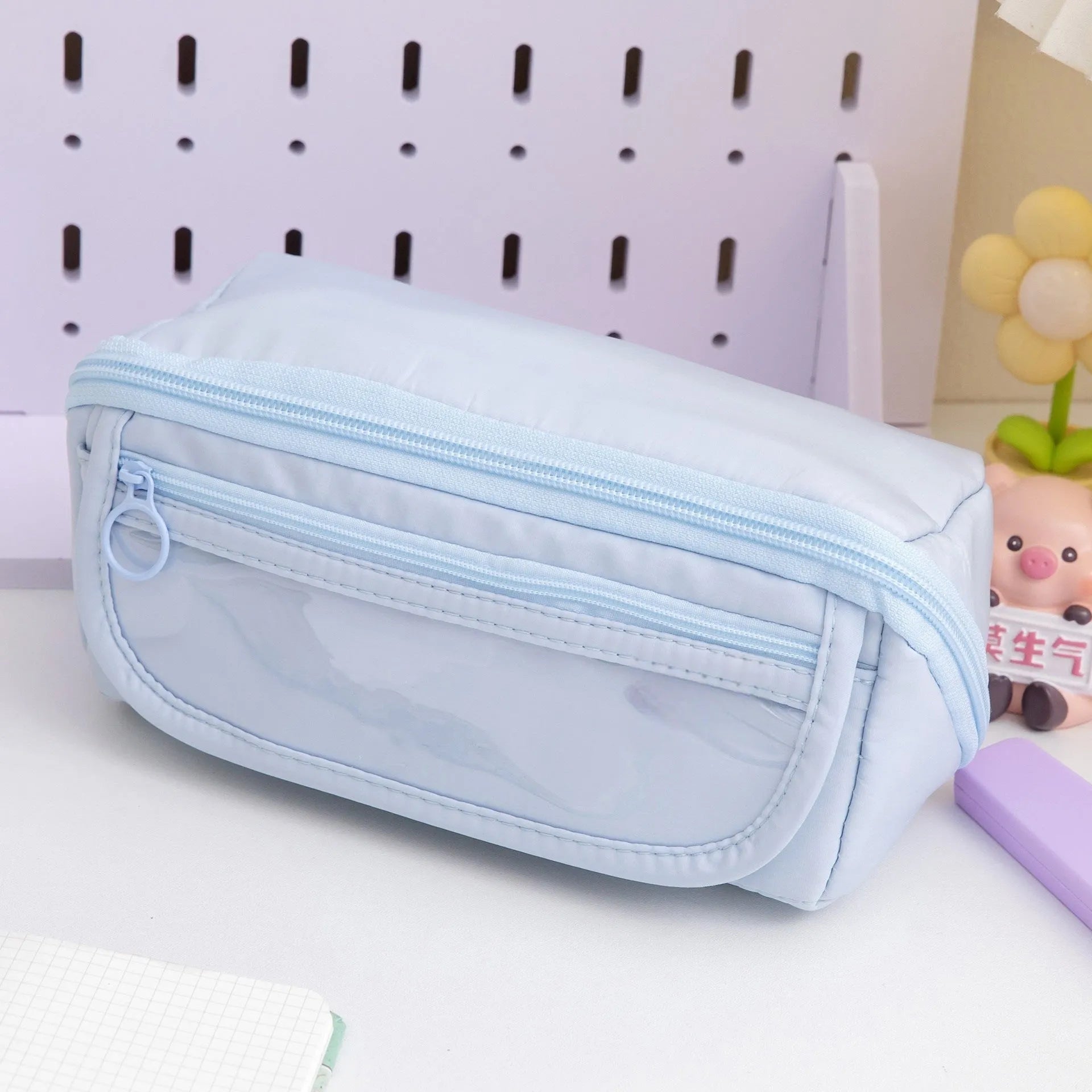 Korean-style canvas pencil case with 10-layer flip design open to show multiple compartments