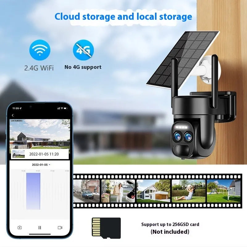 Solar-powered outdoor security camera with 8x zoom lens and colour night vision capability