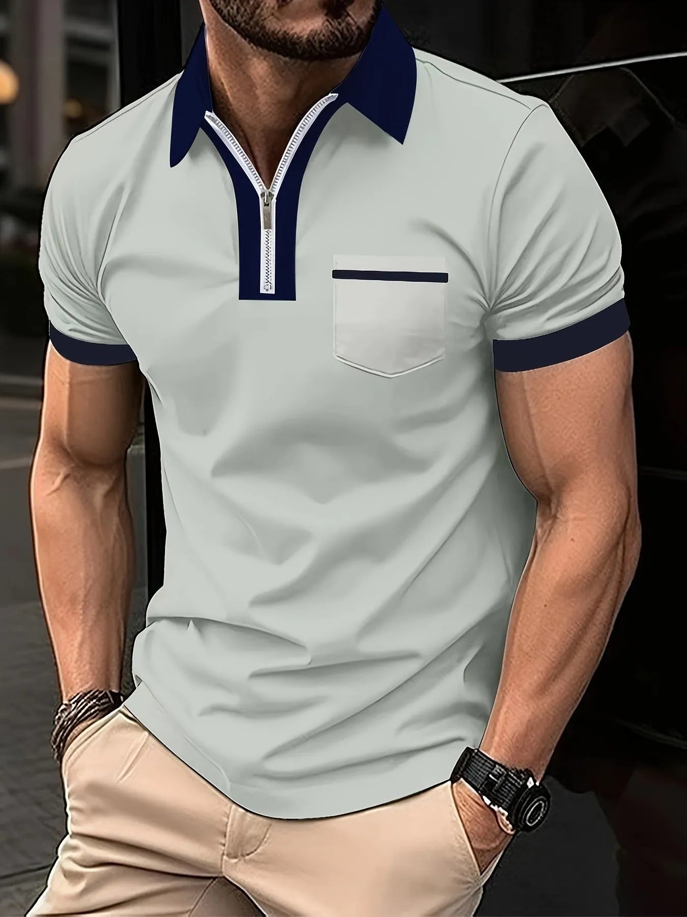 Men's casual short sleeve shirt with chest pocket and zip decoration in loose fit