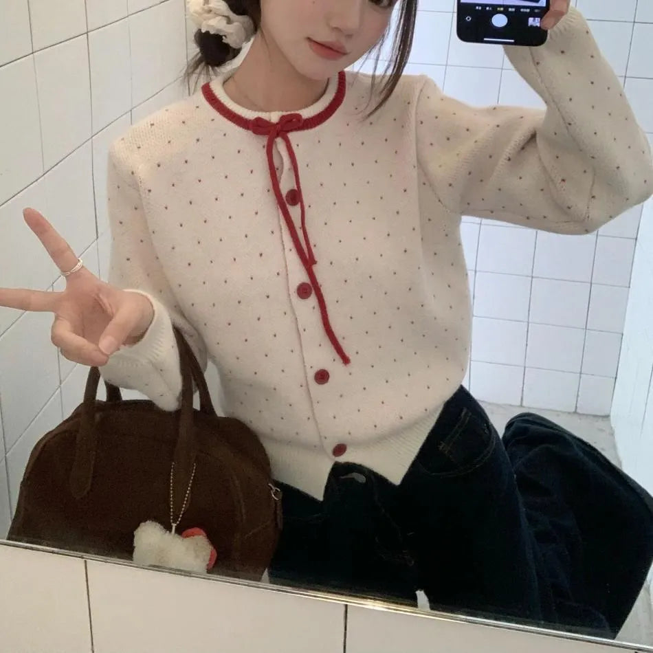 Women's polka dot jacquard lace-up single-breasted knitted sweater cardigan in loose fit