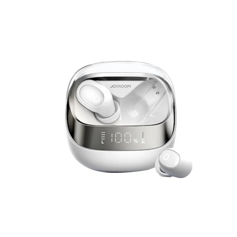 Wireless in-ear Bluetooth headset with charging case in beige, black, or purple colours