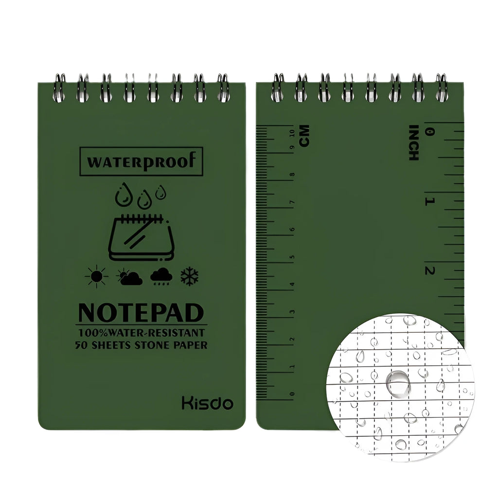 Spiral-bound waterproof office notepad with stone paper, shown in camouflage colour option.