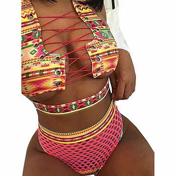 Women's multicolour checkered bikini set with cross-strap bra and high-waist fishnet briefs on a neutral background.
