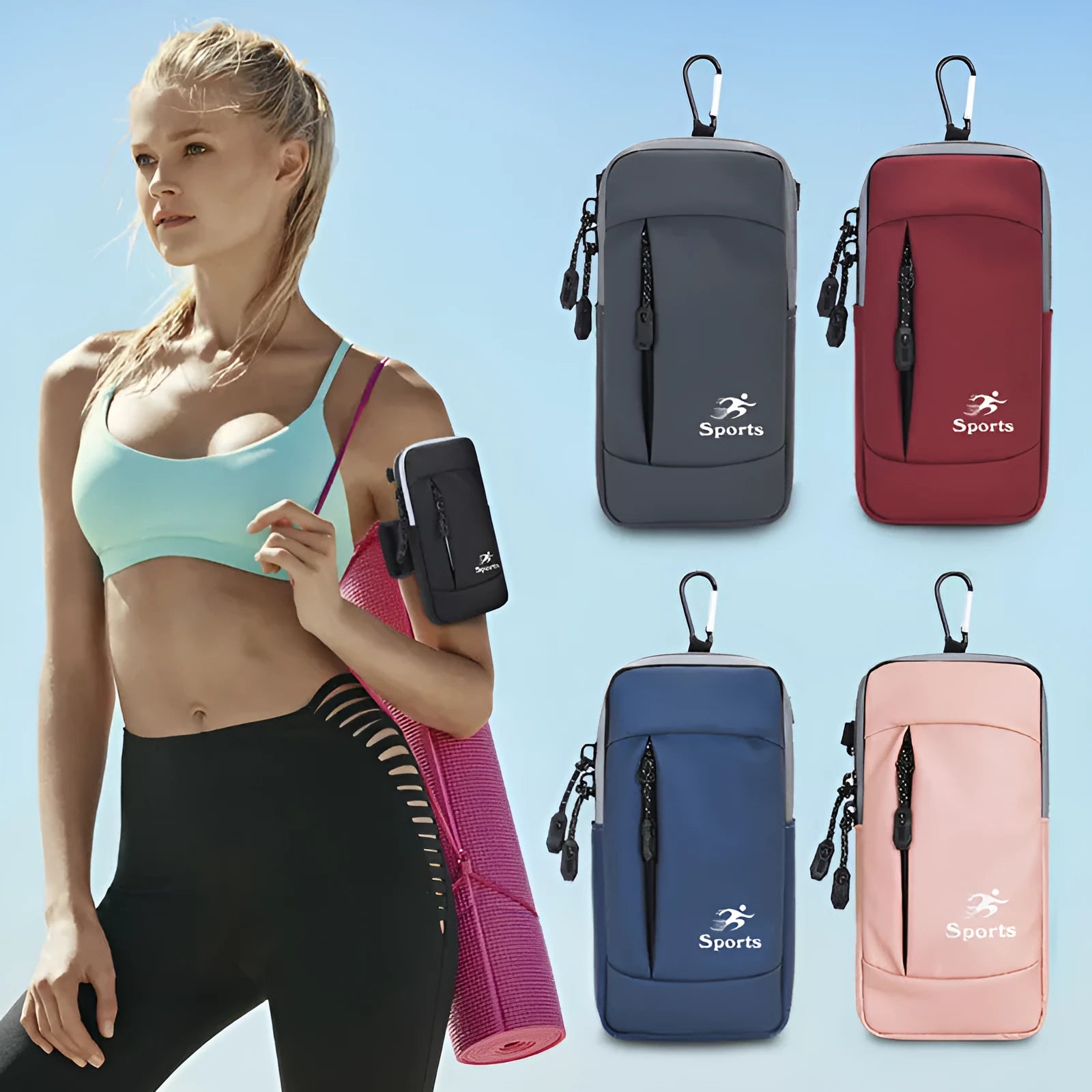 Sports running arm bag in black PU leather with phone inside, 19x10x2cm, adjustable wrist strap