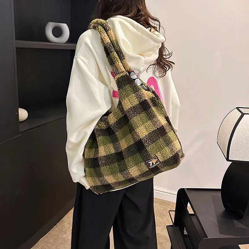 Army Green plaid plush women's large shoulder tote bag showing front view and zipper compartment.