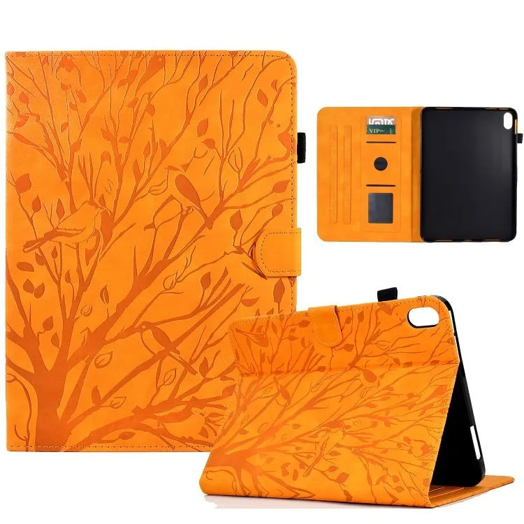 Imitation leather tablet protective case in khaki colour with an engraved texture and built-in stand, open to show an iPad.