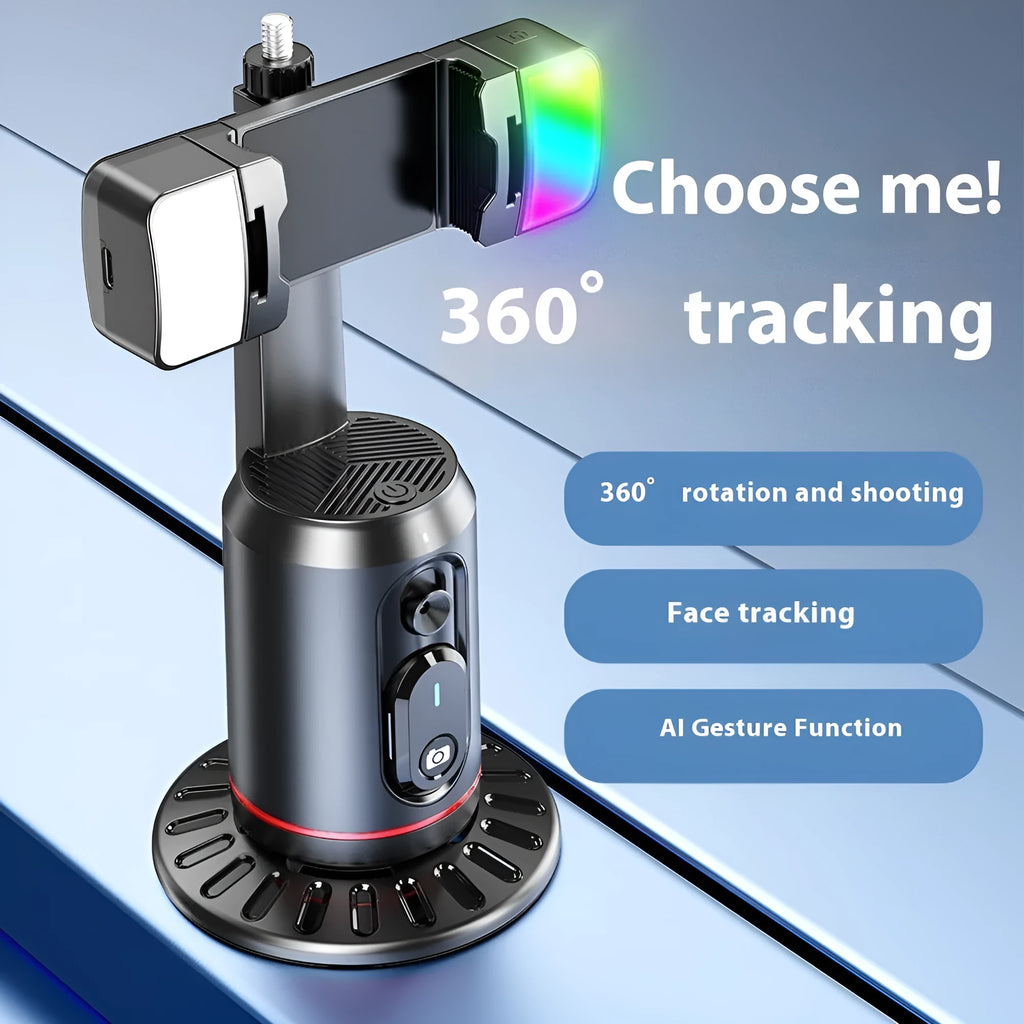 Smart AI face recognition selfie holder with Bluetooth remote on a desk, showing 360-degree rotation feature