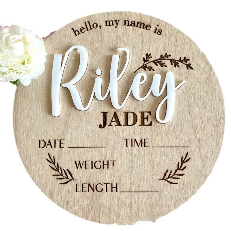 15x15cm square wooden plaque for baby name and birth information display in a nursery