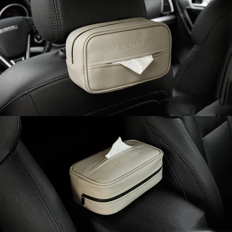 Black PU leather car hanging storage box with paper bag organiser for vehicle interior storage