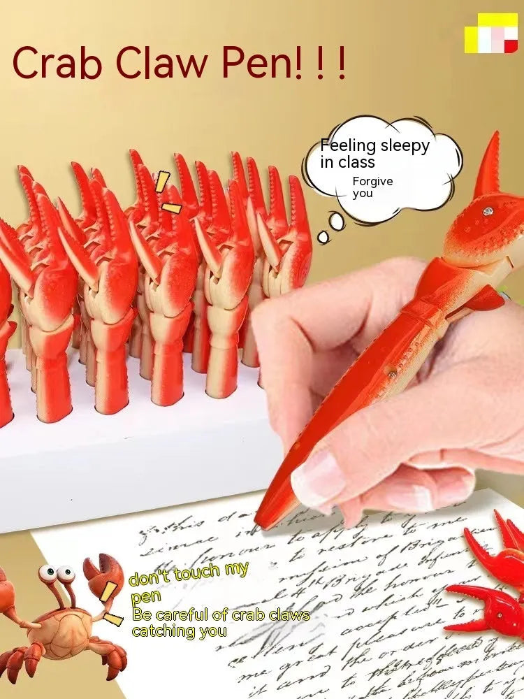 Crab-themed ballpoint pen with pressable moving parts and twistable barrel mechanism