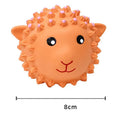 Set of two squeaky natural latex dog toys in lamb and monkey shapes, 3 inches diameter, orange and yellow colours