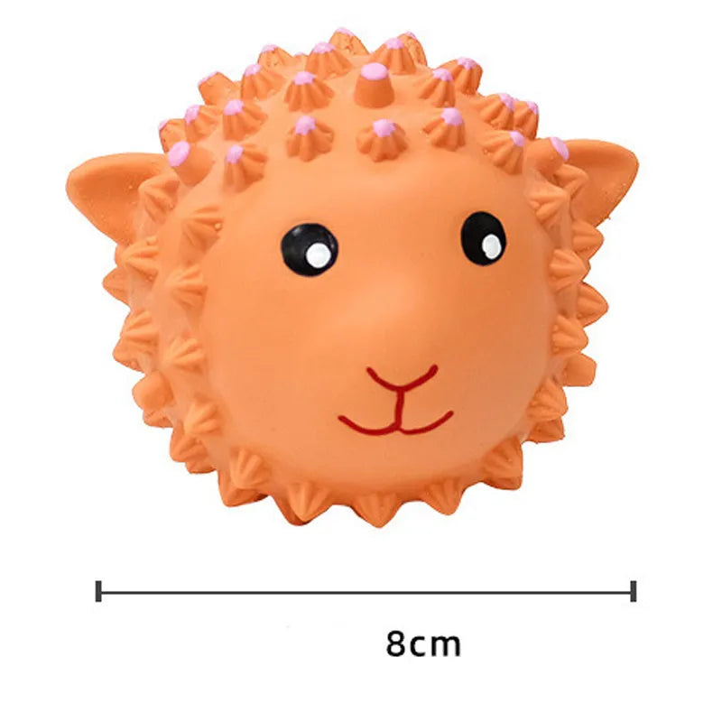 Set of two squeaky natural latex dog toys in lamb and monkey shapes, 3 inches diameter, orange and yellow colours