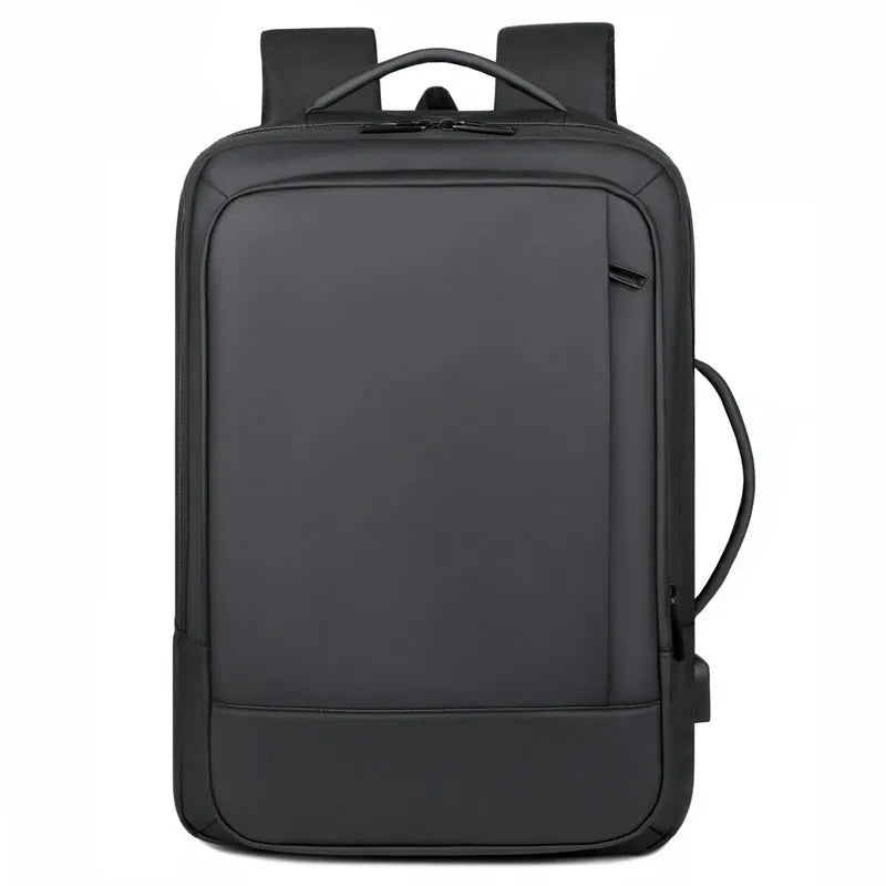 Black waterproof Oxford cloth backpack with curved shoulder straps and business organisation