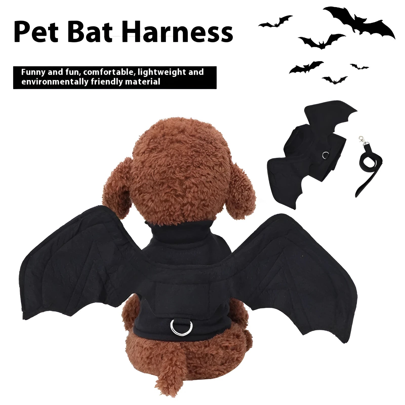 Black polyester bat wing chest back harness for small medium large dogs on a pet
