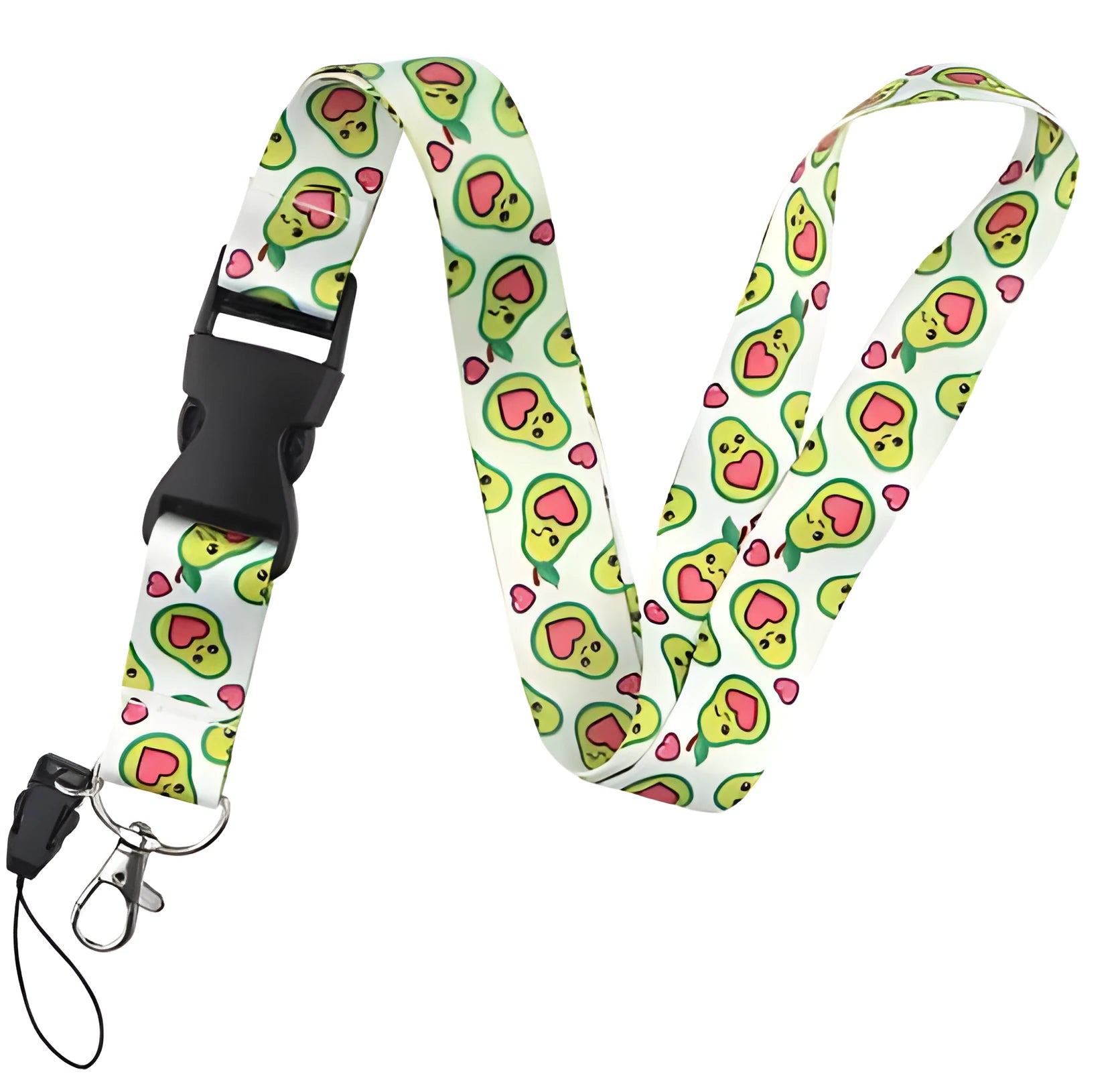 Polyester phone lanyard with a green fruit avocado cartoon printed on both sides, showing the buckle.