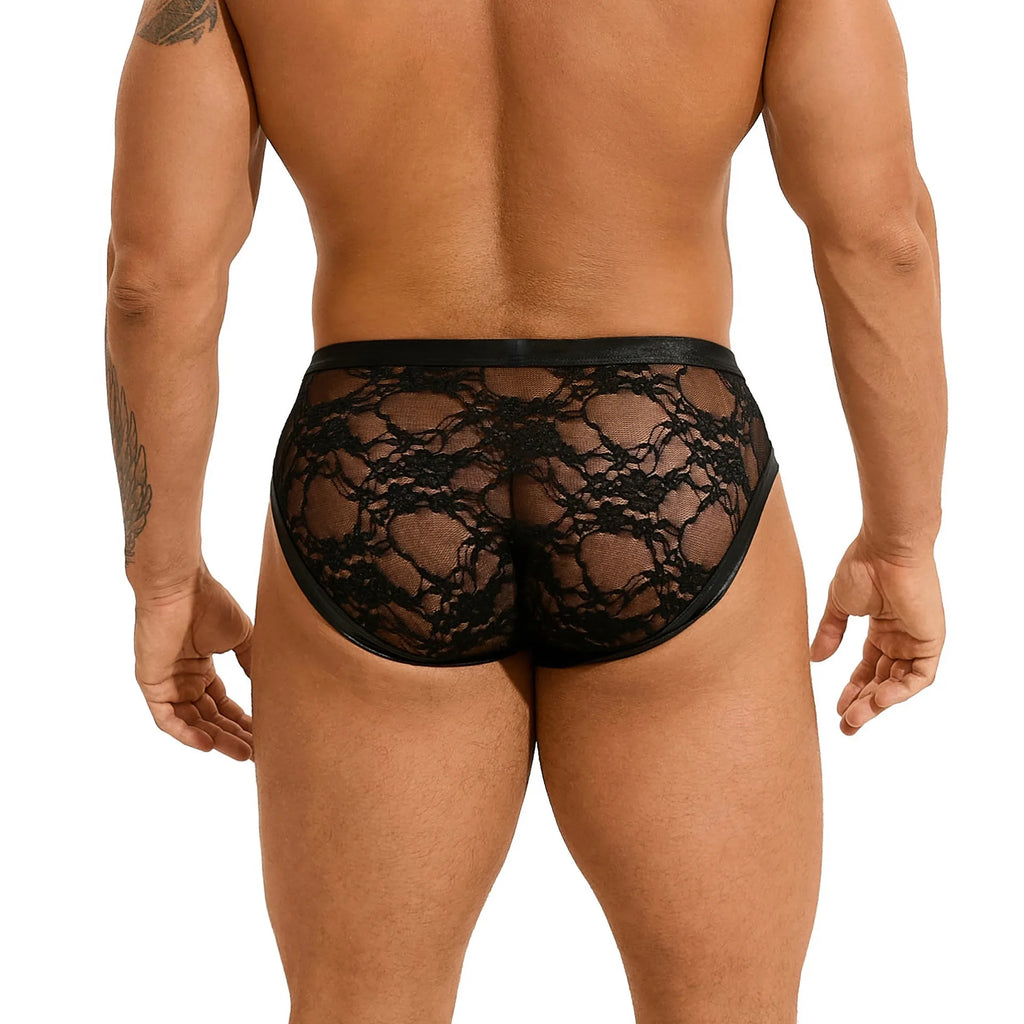 Black men's briefs with faux leather stitching and lace detail on polyester fabric.