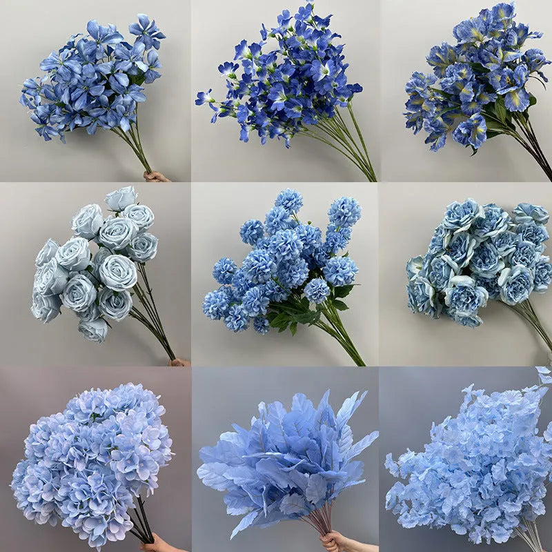 Blue haze artificial silk flower bouquet arranged for decorative display