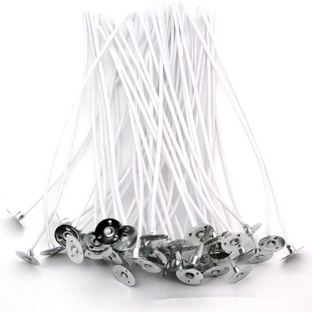 White cotton candle wicks showing three length options: 2.6cm, 6cm, and 8cm for DIY candle making