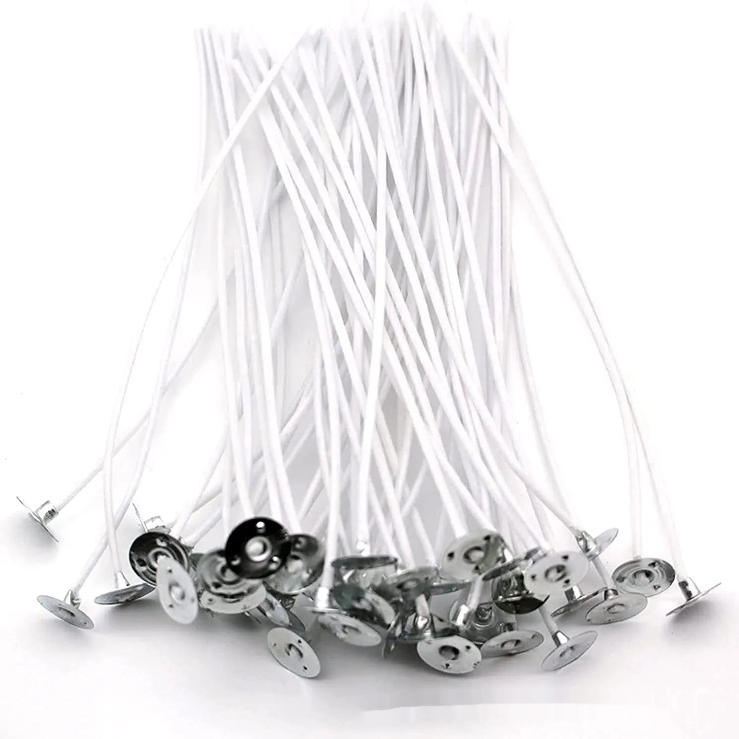 White cotton candle wicks showing three length options: 2.6cm, 6cm, and 8cm for DIY candle making