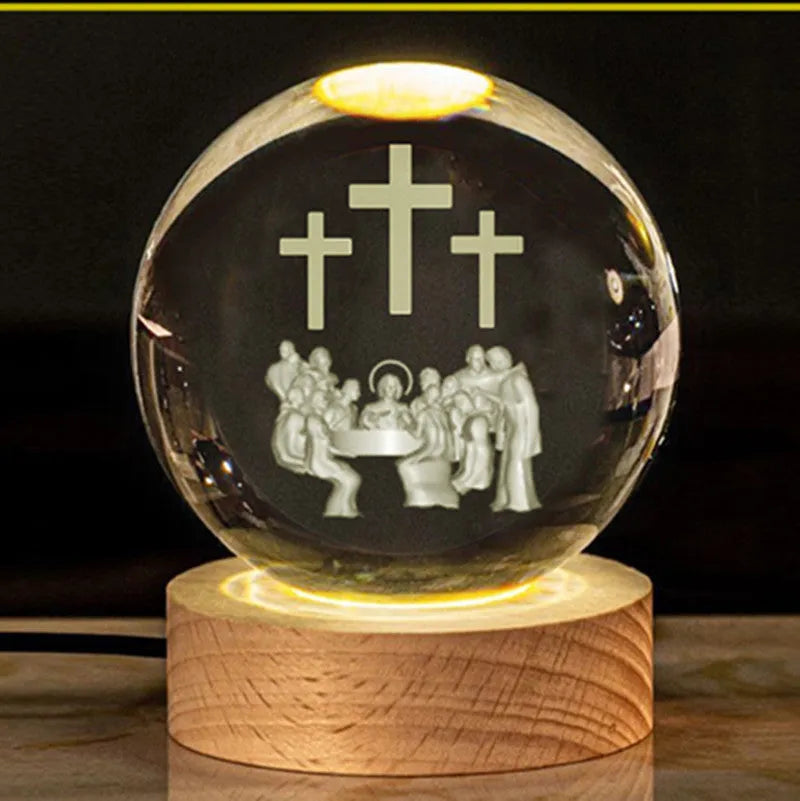 White crystal ball desk ornament with wood base and religious design inside