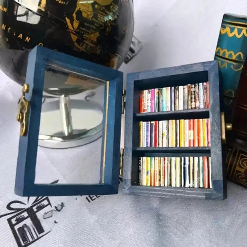 Mini wooden bookshelf with 60 mini books, 10x8x5cm, on a desk as stress relief decor