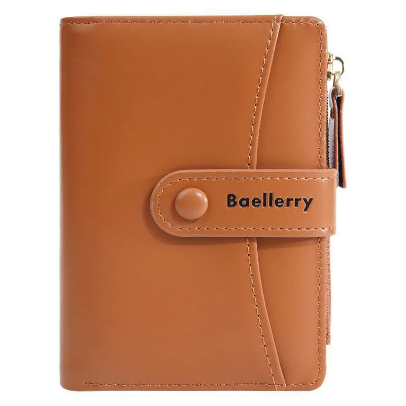 Women's short wallet in PU material showing waterproof, anti-theft features in six colour options
