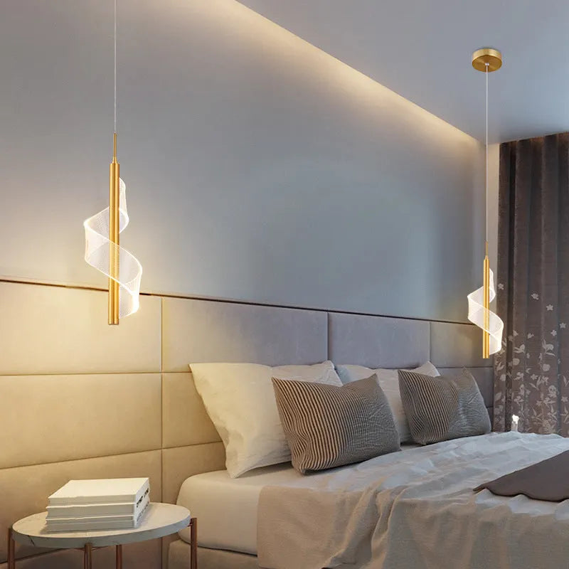 Modern simple bedside chandelier with iron frame and acrylic lampshade, LED light, available in black gold tricolour