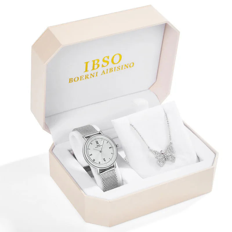 Rhinestone butterfly necklace quartz watch with round dial, alloy strap, and pin buckle