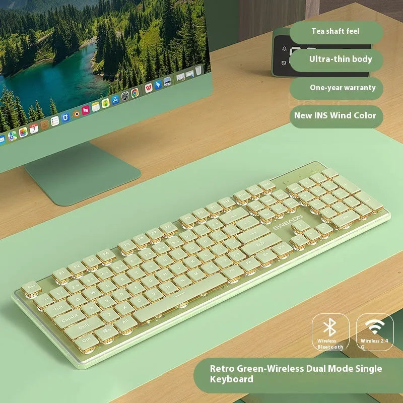 Prewalker V3 wired mute keyboard and mouse suit in retro green colour on a desk