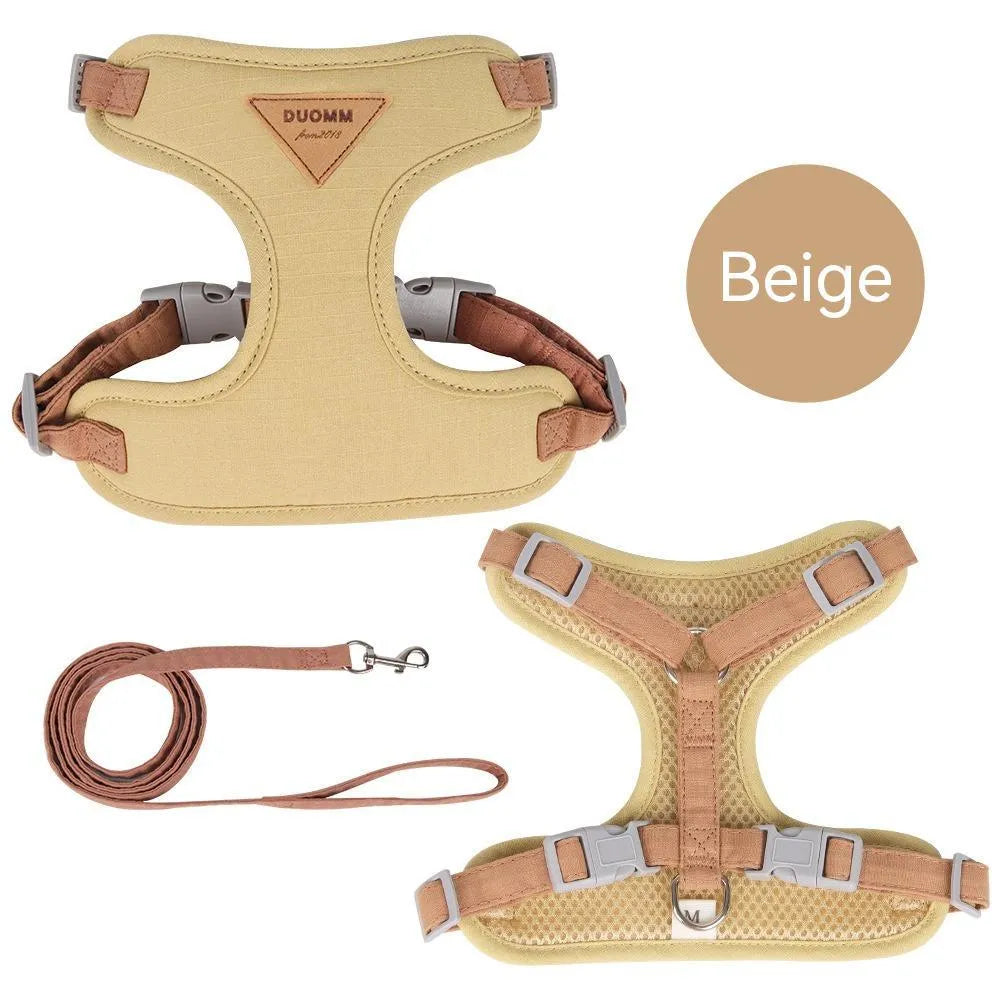 Mesh dog harness chest strap and traction rope set in beige, blue, green, yellow for small dogs sizes XS to L