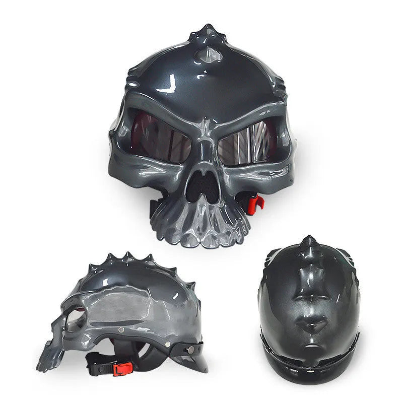 Double-sided changeable skull motorcycle helmet in ABS construction showing colour options