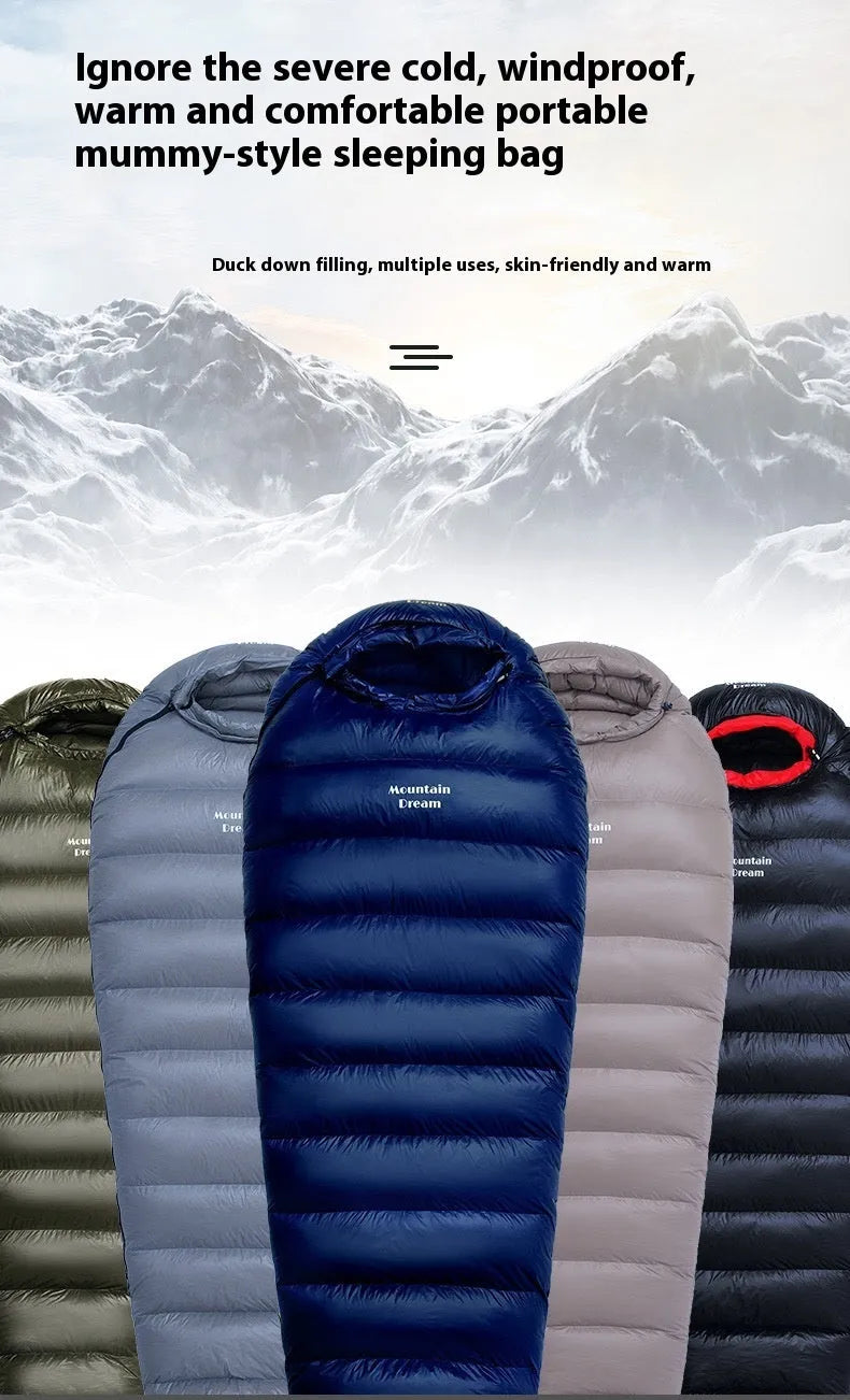 Ultralight mummy-style sleeping bag filled with white duck down, shown in army green 400T nylon fabric.