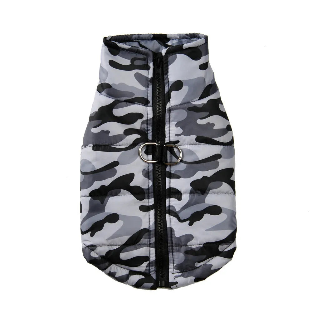 Winter thickened dog camouflage coat in black and gray, size 5XL 6XL 7XL, polyester material