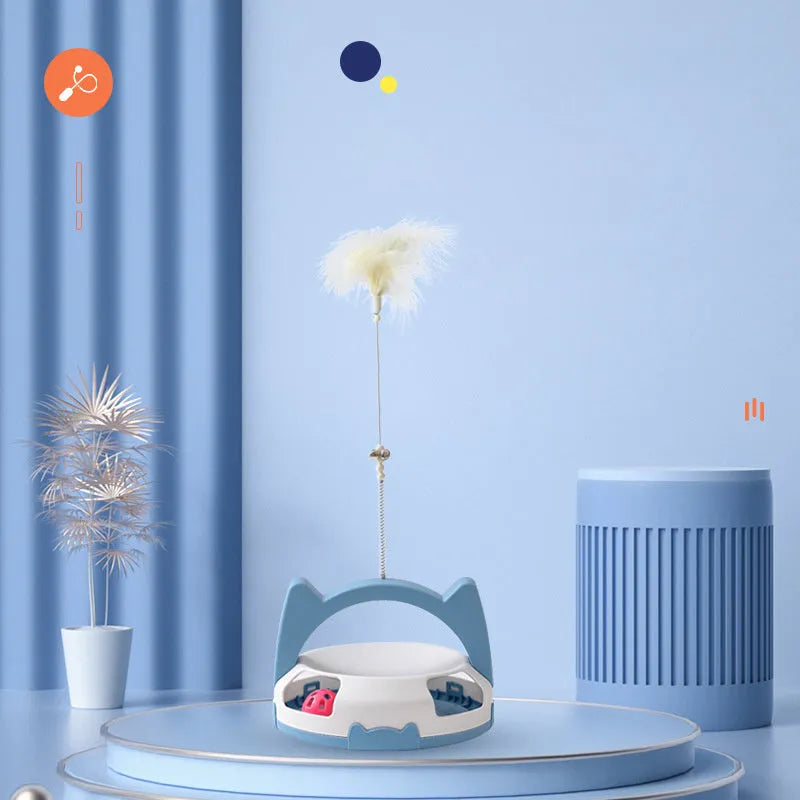 Blue cat play wand with a long handle and a spinning ball attachment for interactive pet play.