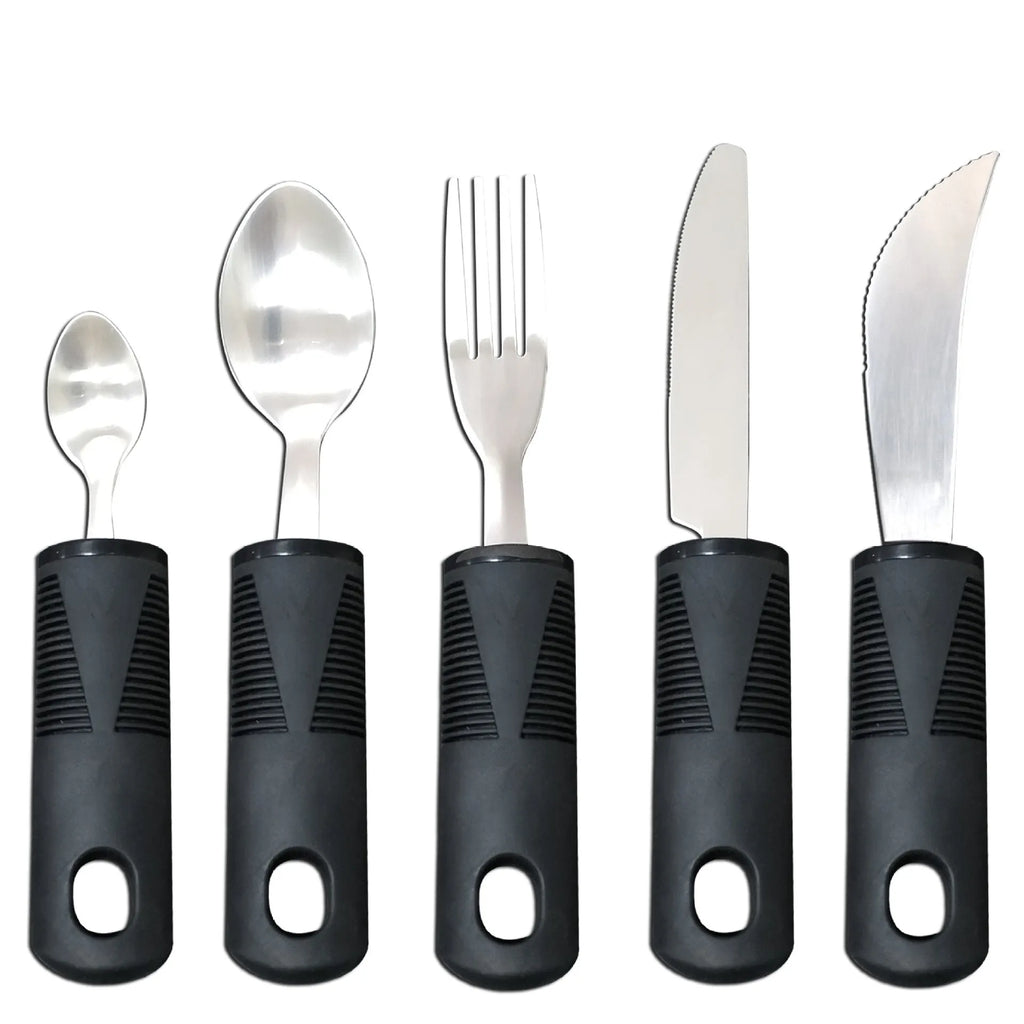 Stainless steel adaptive cutlery set with rubber handles for elderly or disabled users