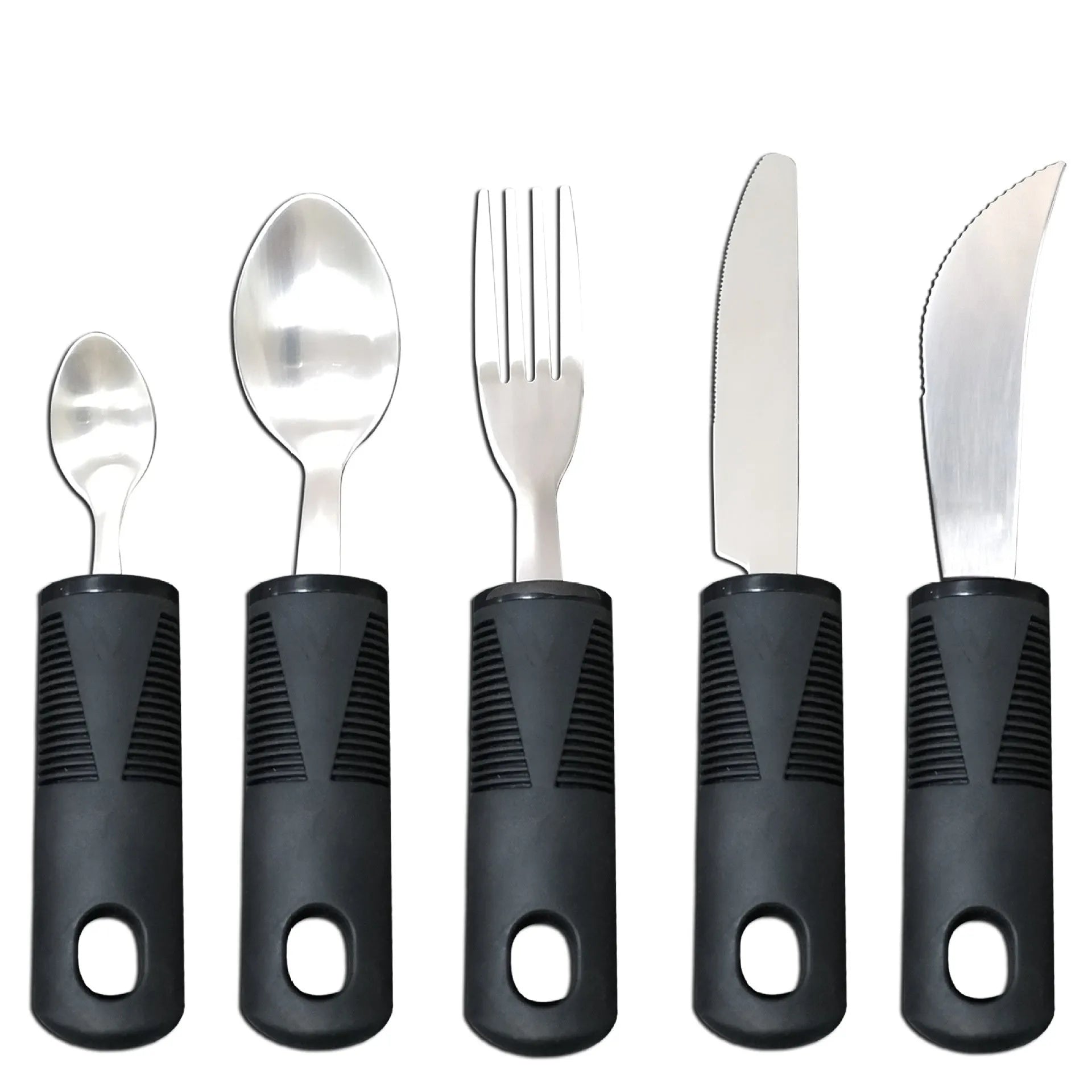 Stainless steel adaptive cutlery set with rubber handles for elderly or disabled users
