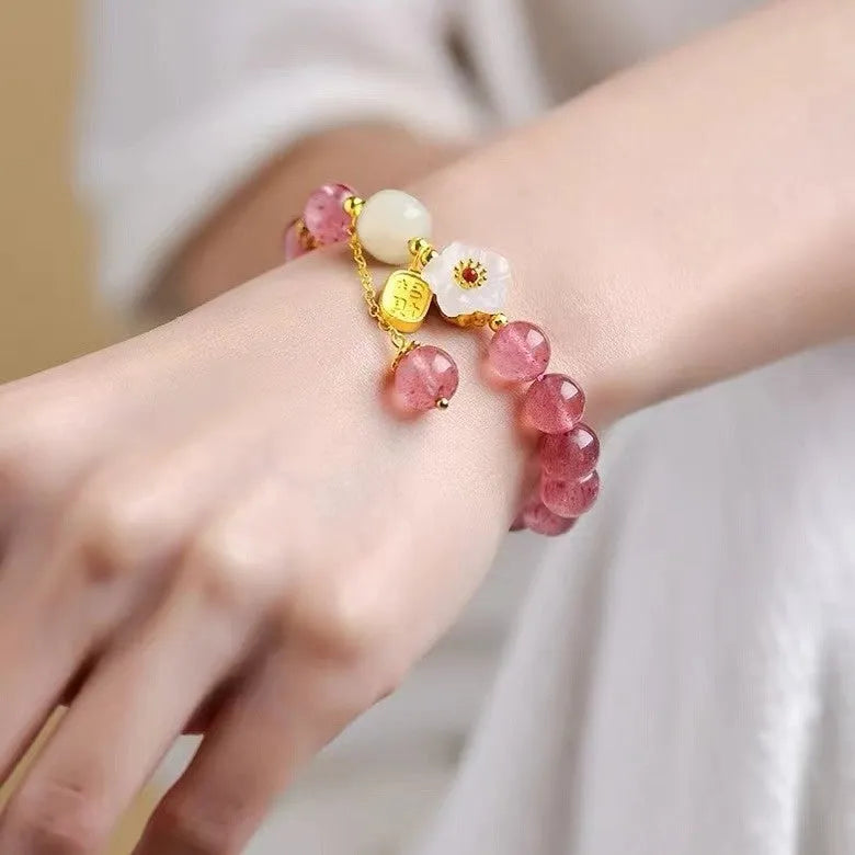 Handcrafted crystal bracelet with Hetian jade, peach blossom stone and strawberry quartz beads in natural design